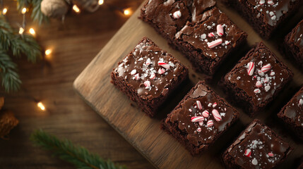 Chocolate brownies with peppermint candy cane toppings on wooden board