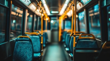Fototapeta premium Sleek bus interior with empty seats, reflecting a modern, comfortable design ideal for urban public transportation and commuting.