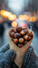 Steaming roasted chestnuts in paper cone on winter street