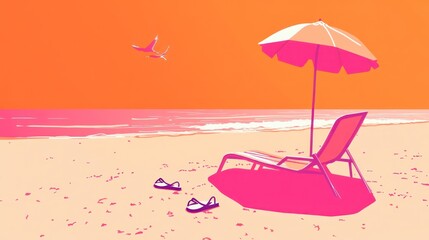A vibrant beach scene featuring a lounge chair, umbrella, and sandals on a colorful shore.