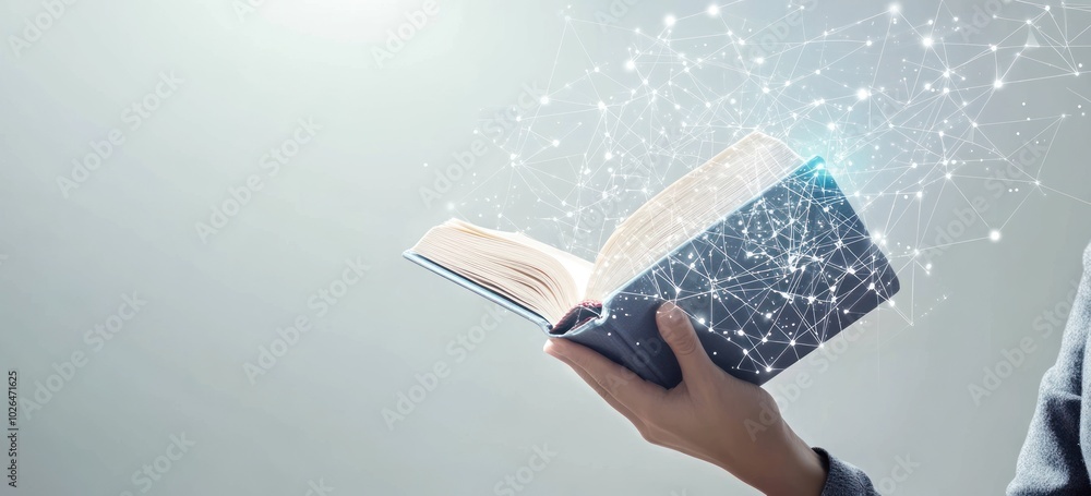 Poster a hand holds an open book with a glowing, digital network emerging from its pages.