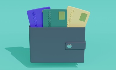 Wallet with colorful credit cards on turquoise background. 3d rendering 