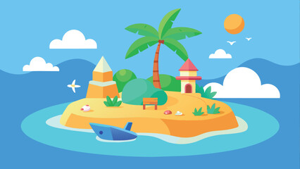 A cartoon illustration of a tropical island with a palm tree, a small house, a boat, and a sunny sky. The island is surrounded by blue water with white clouds in the sky.