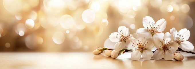 A serene arrangement of white cherry blossoms against a soft, blurred background.