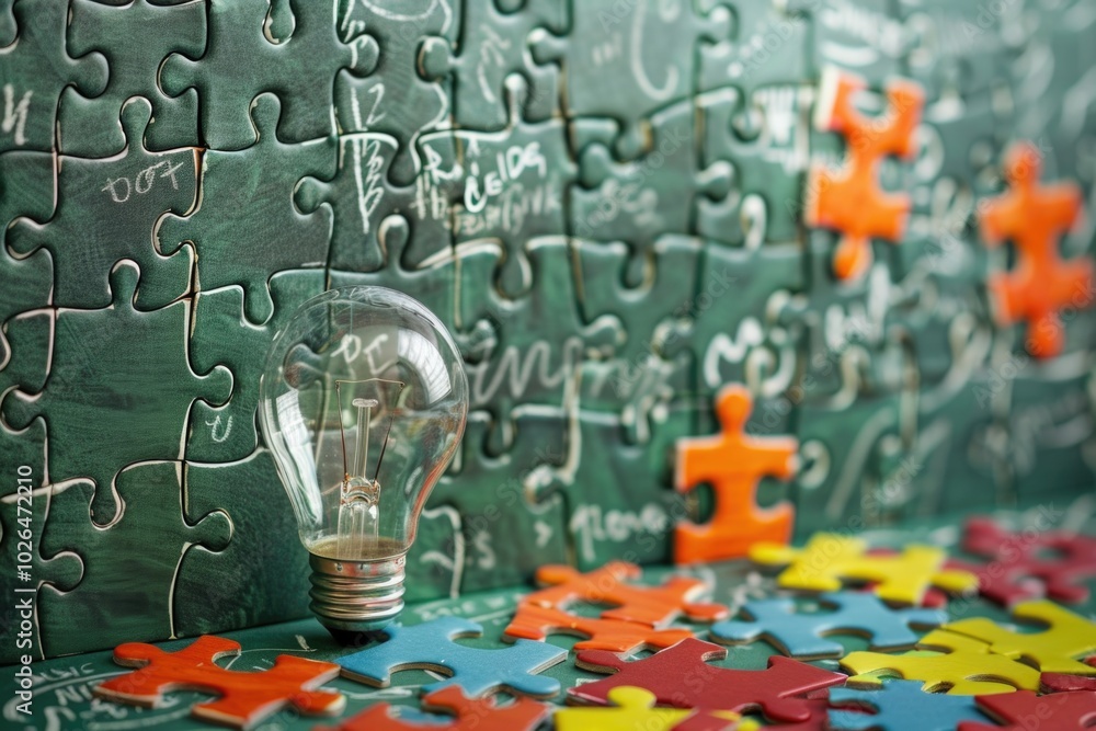 Poster a light bulb sitting on top of a pile of puzzle pieces, suitable for illustration or design projects