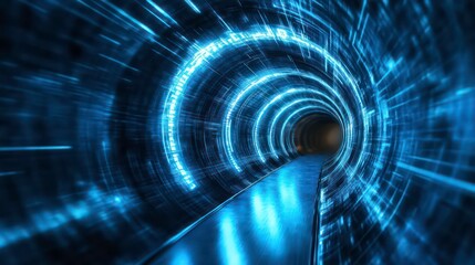 A futuristic tunnel with glowing blue lights and a path leading to a bright light at the end.