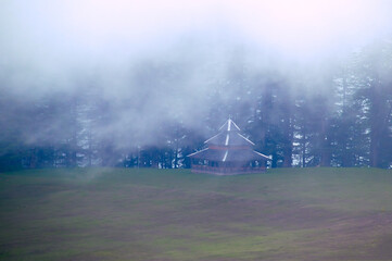 Fototapeta premium It's a misty morning. Pundarik Rishi Temple, Upper Neahi village, Sainj Valley, Eco Zone, Great Himalayan National Park, Himachal Pradesh, India. 