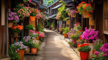 A charming alleyway adorned with vibrant flowers and plants, inviting exploration and relaxation.