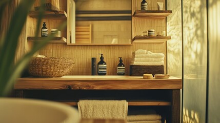A serene bathroom setting with natural wood elements and neatly arranged toiletries.