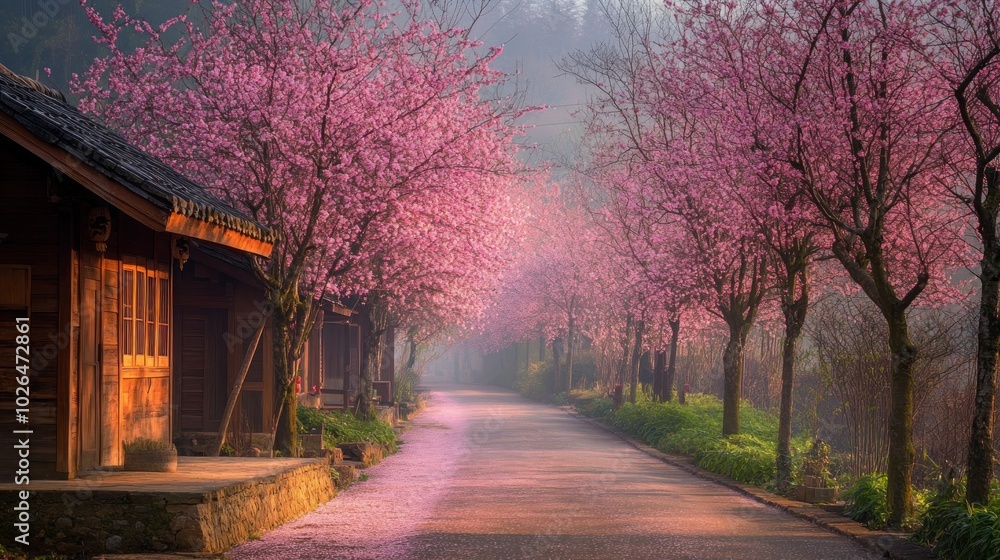 Canvas Prints A serene pathway lined with blooming cherry trees, creating a tranquil atmosphere in nature.