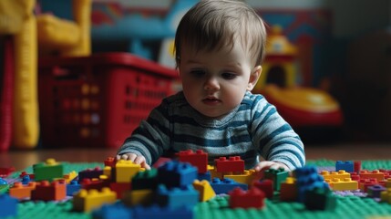 A young child plays and builds withs on the floor, creative playtime