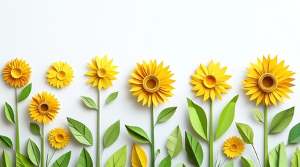 A colorful arrangement of paper sunflowers and leaves against a white background.