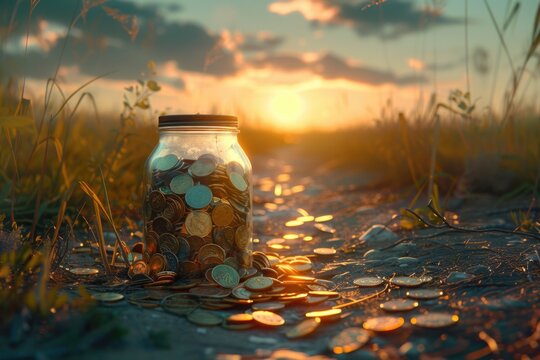 A jar filled with coins sitting on the edge of a dirt road, ideal for use in financial or travel-themed projects
