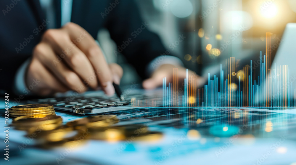 Poster businessman calculating financial report with growth chart, financial advisor analyzing data and inv