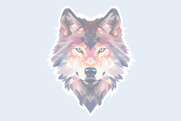 Geometric polygonal illustration of a wolf's head, featuring sharp angles and a blend of pastel hues. The design highlights the wolf's piercing gaze and symmetrical structure on a light background.