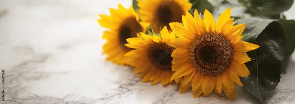 Sticker A bouquet of vibrant sunflowers on a marble surface, showcasing nature's beauty.