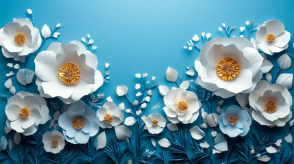 Winter Paper Cut White Flowers on Blue Background, Origami Art Craft, Wedding Design Decor, Minimalist Floral Arrangement, Seasonal Nature Theme