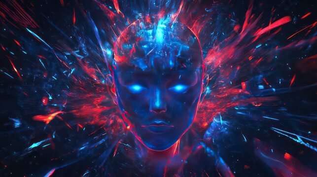 A stylized human head with blue eyes and a glowing, red and blue energy burst around it.
