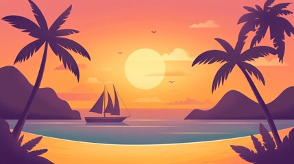 Obraz premium A serene sunset over a beach with a sailboat and palm trees, evoking relaxation and travel.