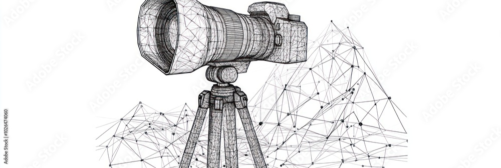 Poster a wireframe illustration of a camera on a tripod with a network of lines in the background.