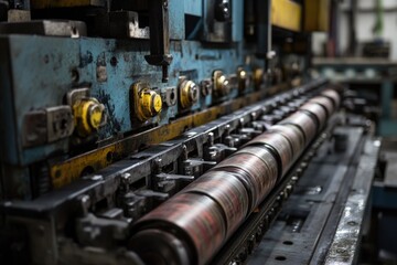 Fototapeta premium Industrial machinery in production facility, suitable for corporate or manufacturing themes