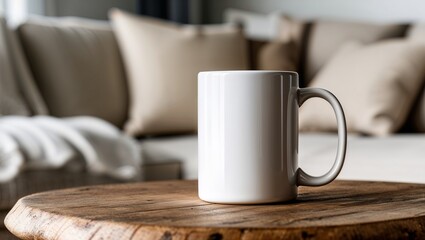 White ceramic coffee mug mockup on rustic wood table with neutral color pillows on sofa cozy living room background