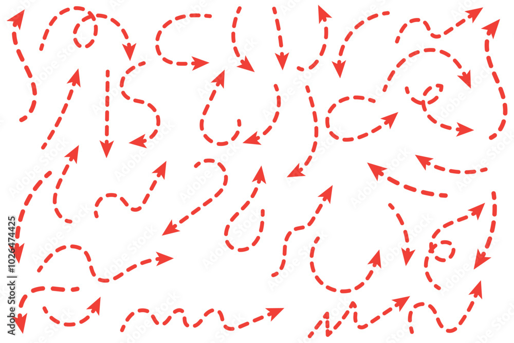 Aufkleber black dotted arrows set. wavy and curved dashed arrow collection. doodle sketched thin pointers and 