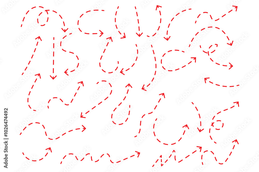 Poster black dotted arrows set. wavy and curved dashed arrow collection. doodle sketched thin pointers and 