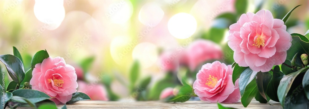 Poster A serene arrangement of pink flowers with soft background bokeh.