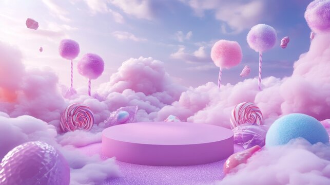 A whimsical, pastel landscape filled with candy-like elements and fluffy clouds.