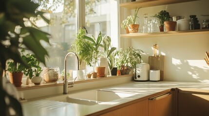 Bright kitchen filled with plants and natural light, featuring a sink and countertop.