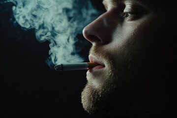 A person holding a lit cigarette in their mouth, with a casual atmosphere
