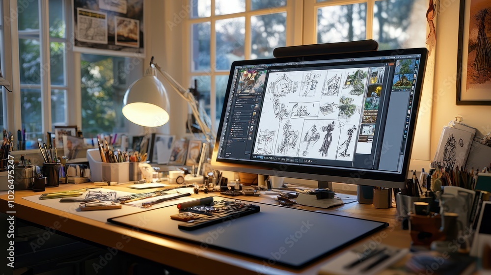 Fototapete a creative workspace with a drawing tablet and storyboard sketches for an animation project