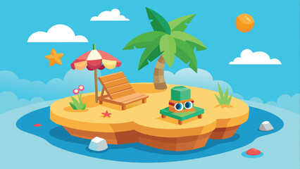 A cartoon illustration of a tropical island with a palm tree, beach chair, umbrella, and a stack of books with goggles. The island is surrounded by blue water and clouds.