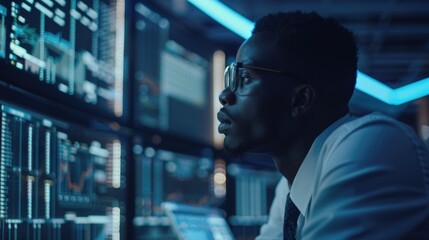 A person wearing glasses sitting in front of a computer screen, focused on the task