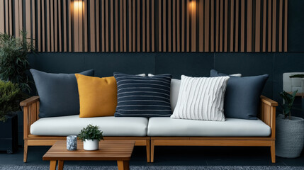 Modern outdoor seating area with a wooden sofa featuring colorful cushions, small coffee table, and decorative plants against a wooden panel wall with lighting.