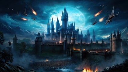 Obraz premium A dramatic fantasy scene featuring a castle under a full moon, with dragons and a crowd below.