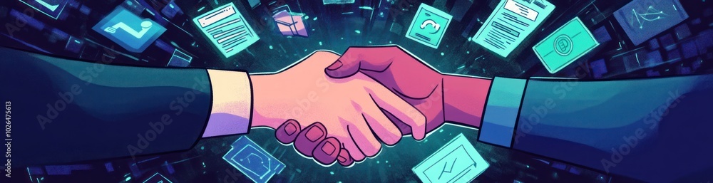 Poster a digital handshake symbolizing collaboration and partnership in a tech-driven environment.