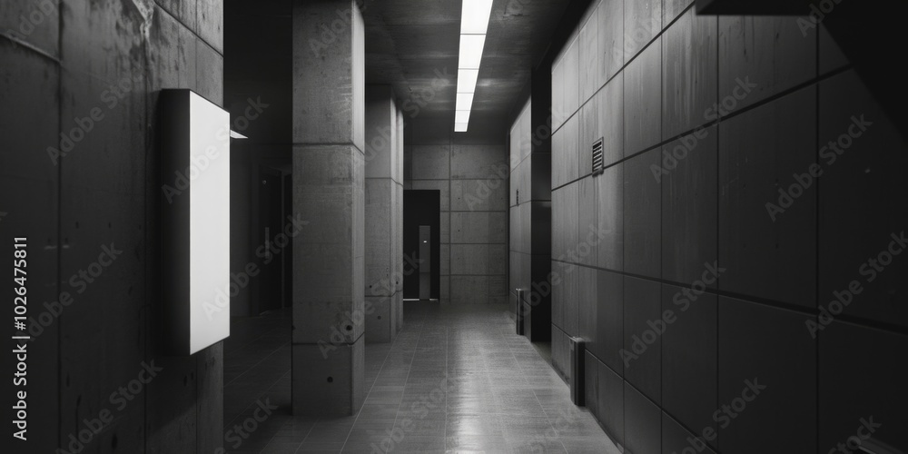 Poster a long hallway with a single light source at the end, ideal for use in architectural or interior des