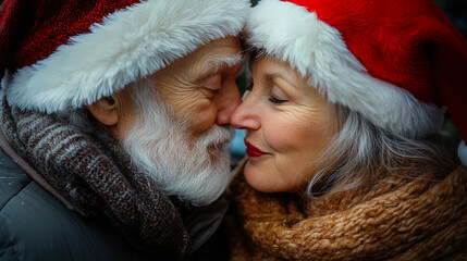 Obraz premium Elderly Couple Sharing a Kiss While Wearing Santa Hats on Transparent Background, Perfect for Heartwarming Holiday Campaigns 