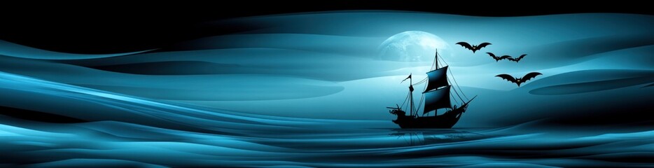 Fototapeta premium A serene digital illustration of a ship on calm waters under a moonlit sky with flying bats.