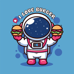 Cute cartoon astronaut with hamburger and coffee. Vector illustration.