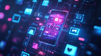 Fototapeta premium A futuristic smartphone surrounded by vibrant digital icons and data visualizations.