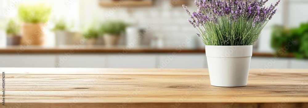 Canvas Prints A white pot with lavender sits on a wooden table in a bright kitchen setting.