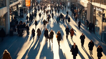 Crowded urban street with people walking in long shadows during golden hour in a busy city area