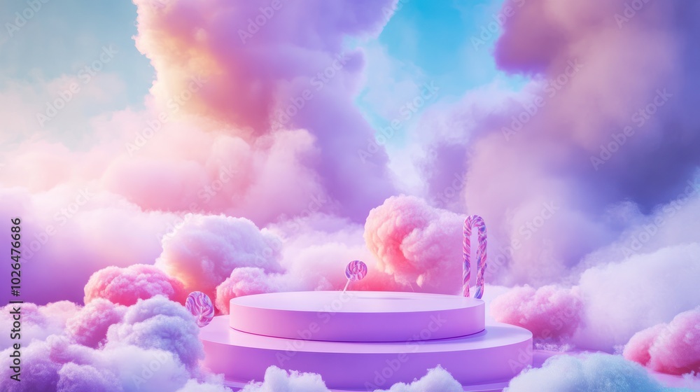 Poster A whimsical pastel scene with a platform surrounded by fluffy clouds and candy elements.