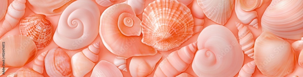 Poster a collection of various seashells in soft peach and pink hues, creating a textured pattern.