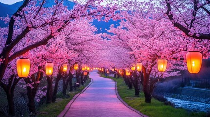 A serene path lined with cherry blossom trees and glowing lanterns, creating a tranquil atmosphere.