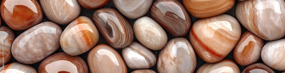 Poster a close-up view of smooth, multicolored pebbles arranged in a visually appealing pattern.
