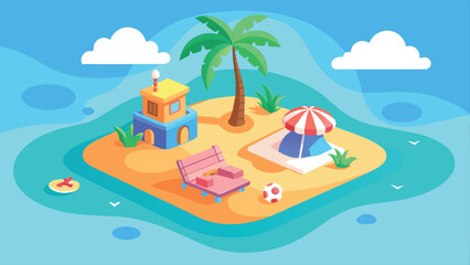 An isometric illustration of a tropical island with a beach house, palm tree, beach umbrella, lounge chair, and soccer ball, set against a blue sky with white clouds.